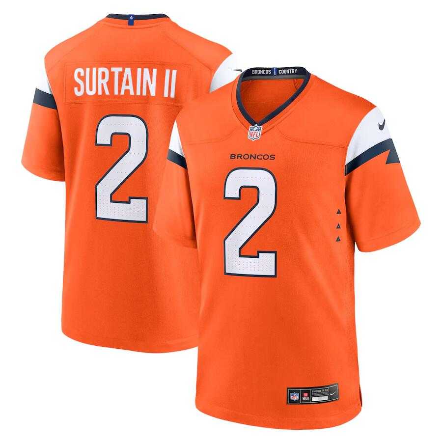 Mens Denver Broncos #2 Pat Surtain II Orange 2024 Game Stitched Jersey Dzhi->denver broncos->NFL Jersey
